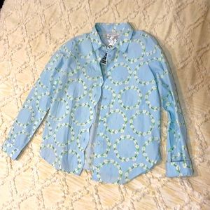 Urban Outfitters light blue w/ daisy-wreath pattern button down blouse. Size S.